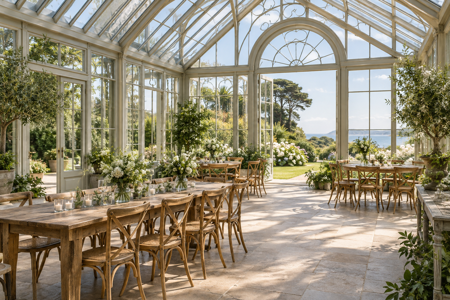 Illustrative glass orangery set in a coastal garden
