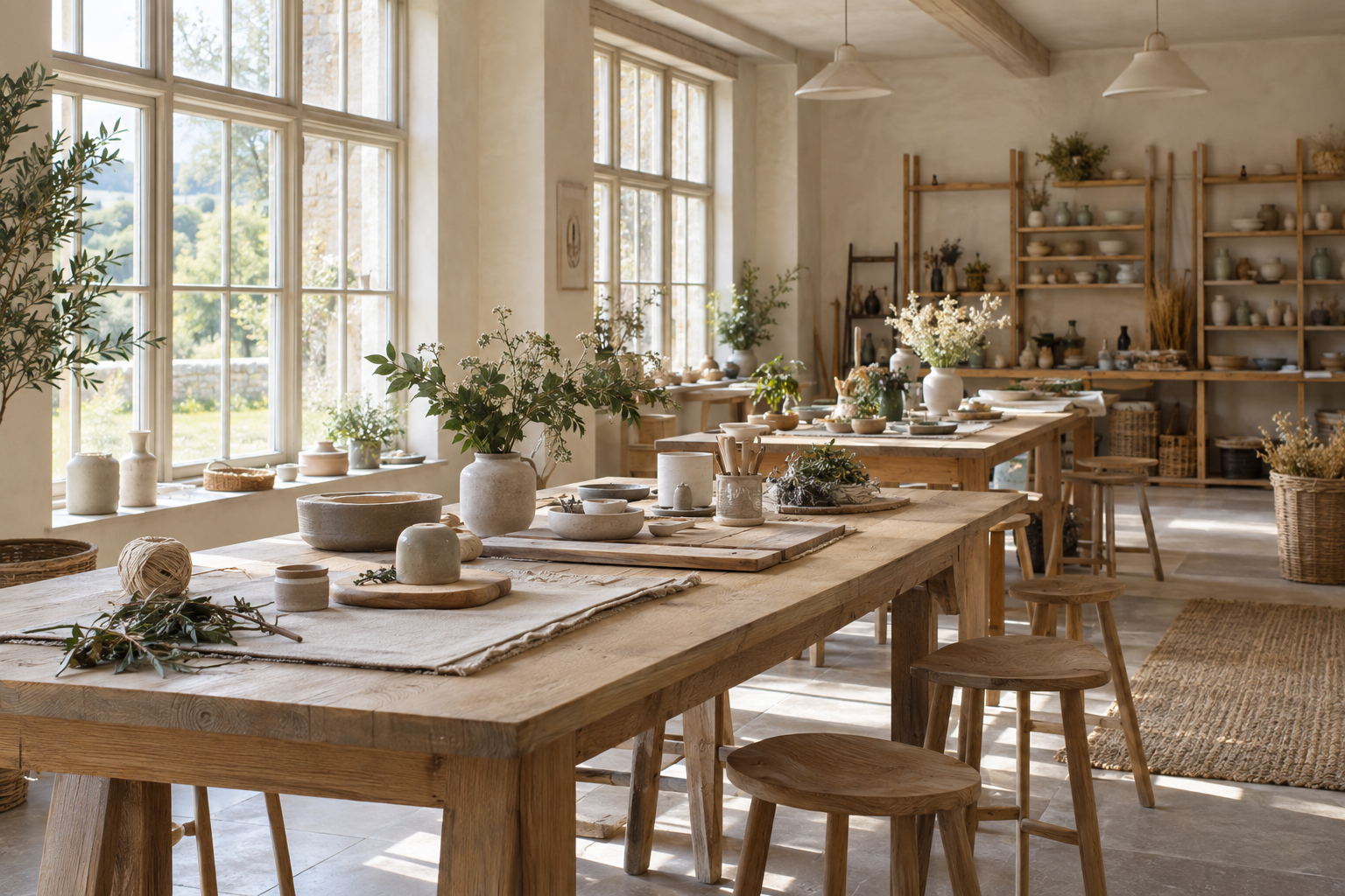 Illustrative light-filled craft studio with long worktables