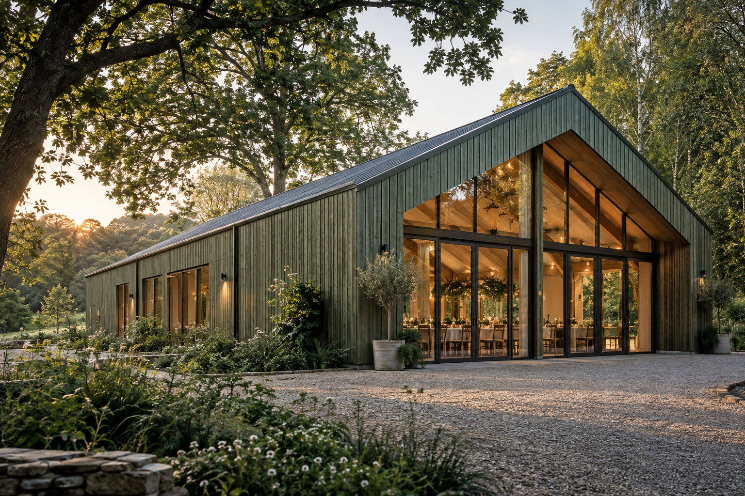 Illustrative timber events hall surrounded by woodland