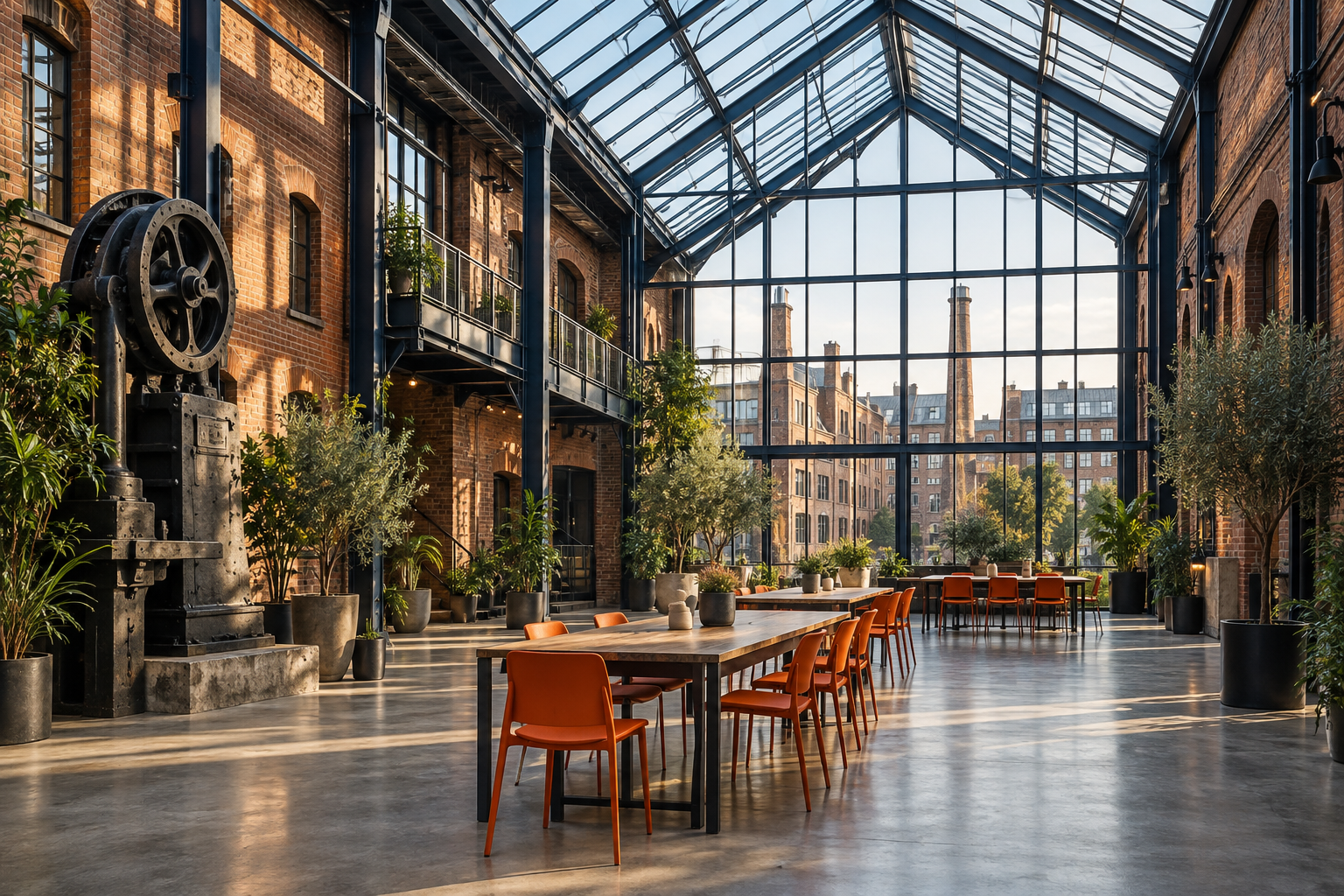 Illustrative brick atrium with a glass roof and orange chairs