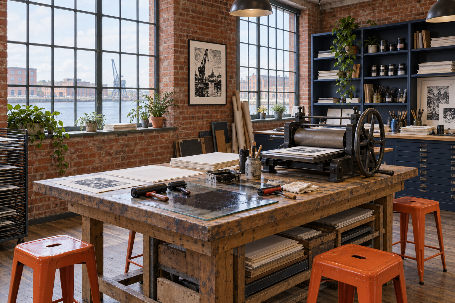Illustrative printmaking studio with a press and worktable